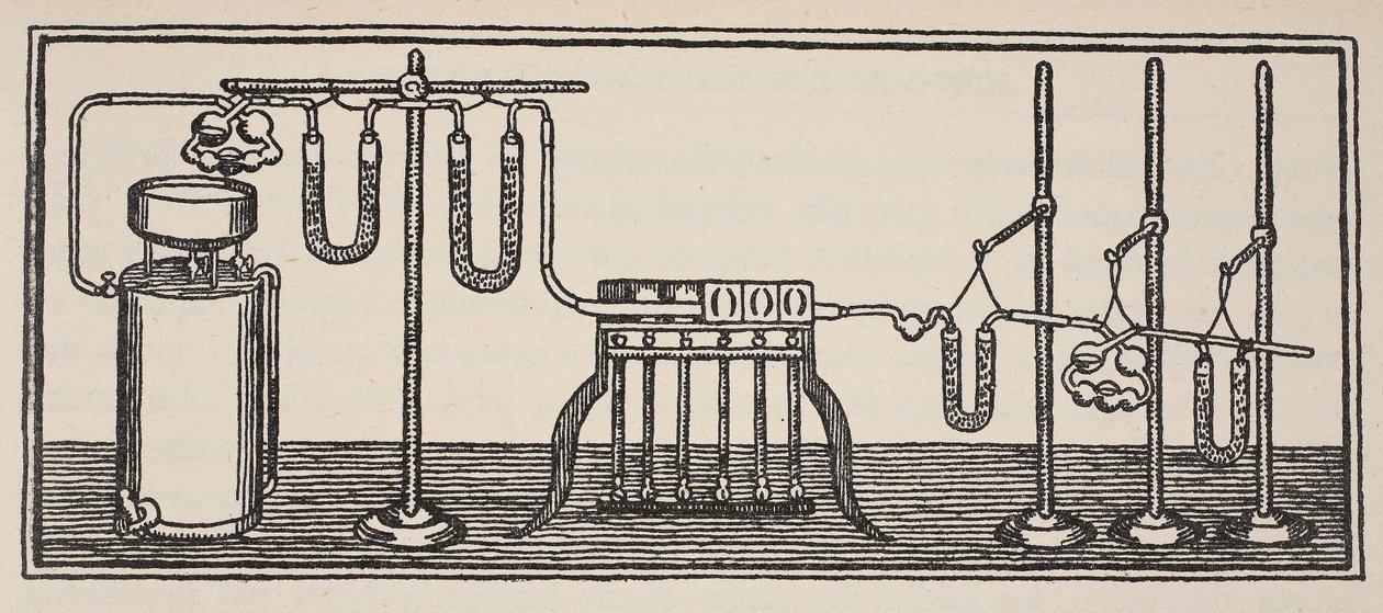 Organická chemická analýza, kopie Borise Mestcherského (zemř. 1957), ilustrace z knihy Histoire de la Nation Francaise, Sciences, Volumes I & II, autor Gabriel Hanotaux (1853-1944), 1924. od French School