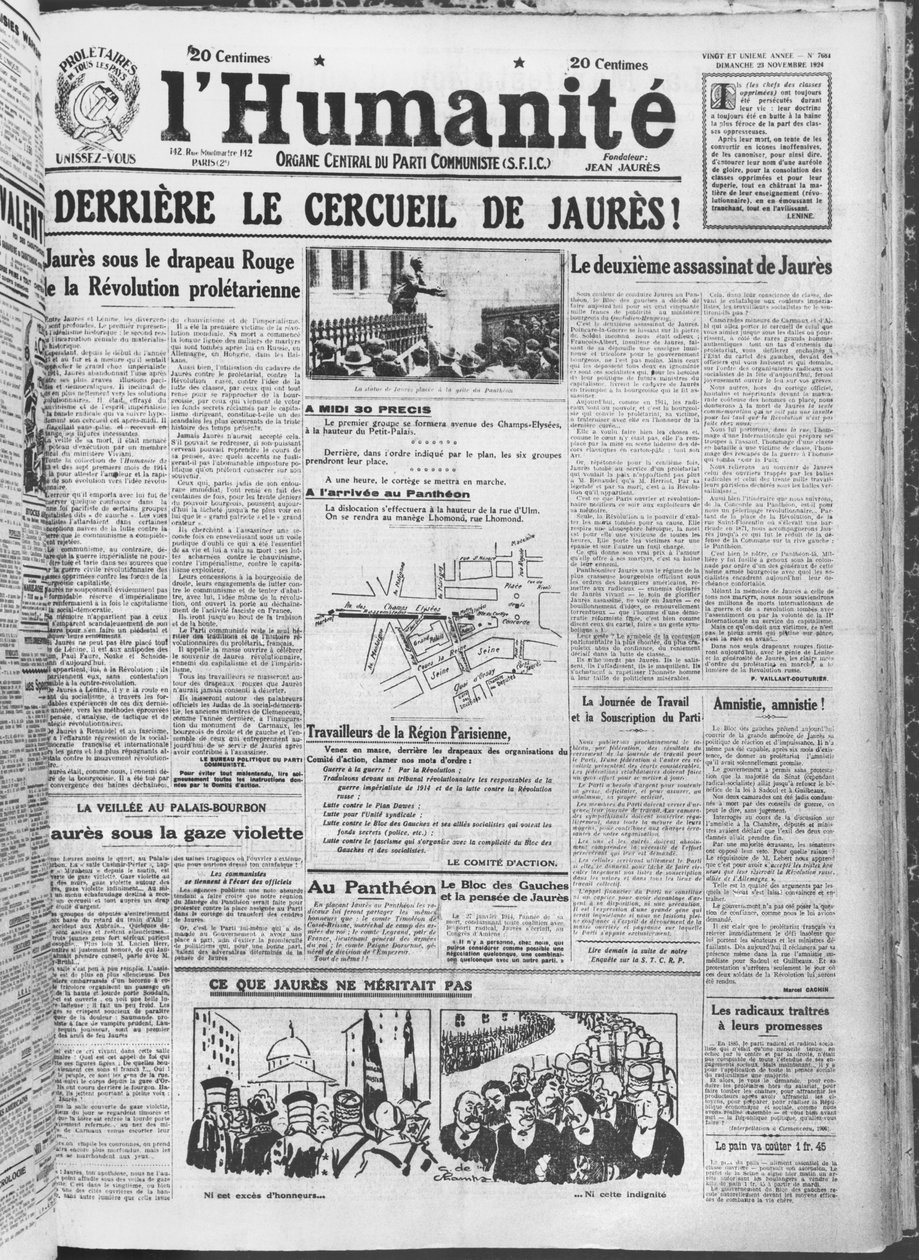 Organizace převozu Jeana Jaurese do Pantheonu v Paříži z LHumanitu, 23. listopadu 1924 (tištěný papír) od French School