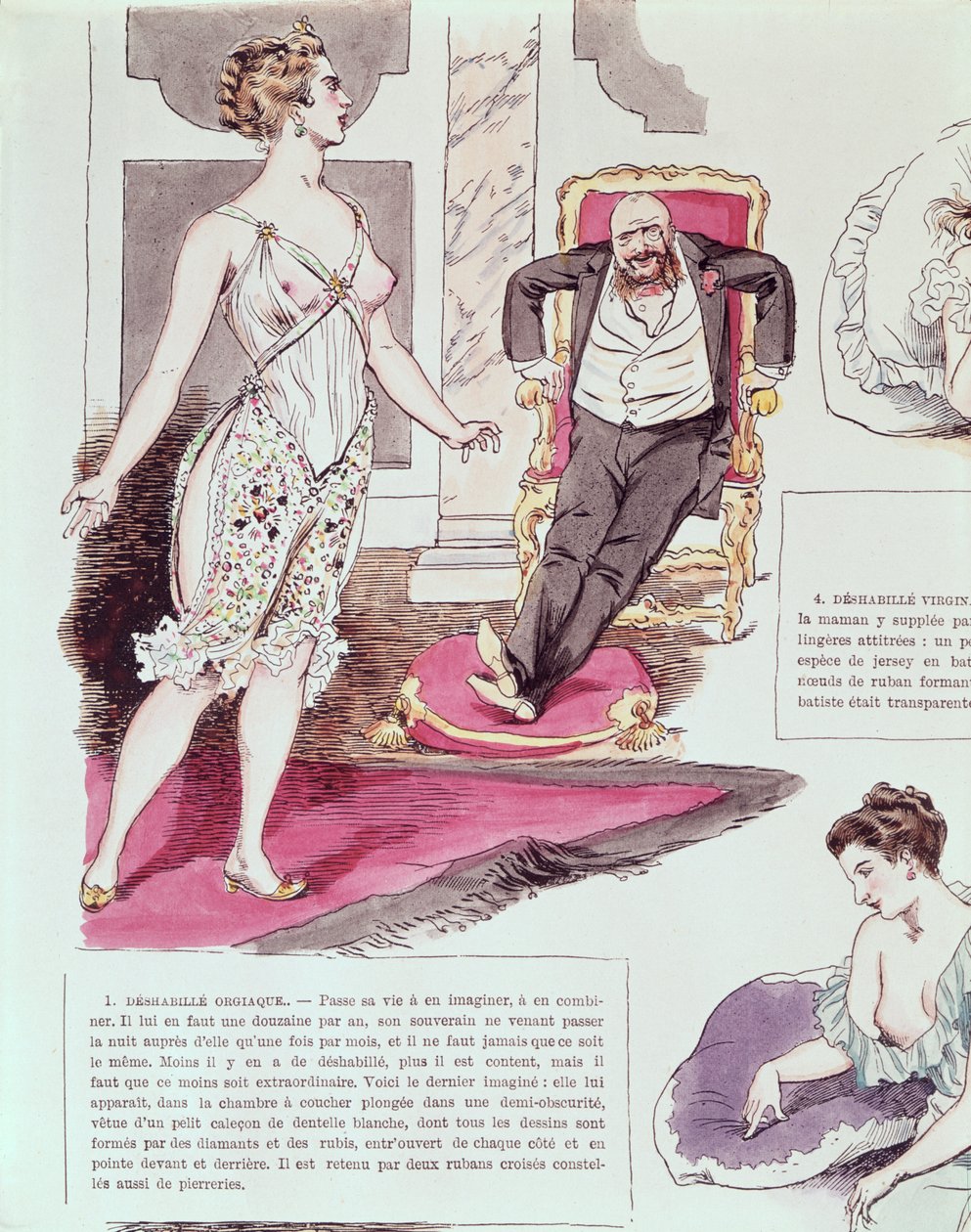 Orgiastické negližé, ilustrace z La Vie Parisienne, kolem 1870-80 (barevná rytina) od French School