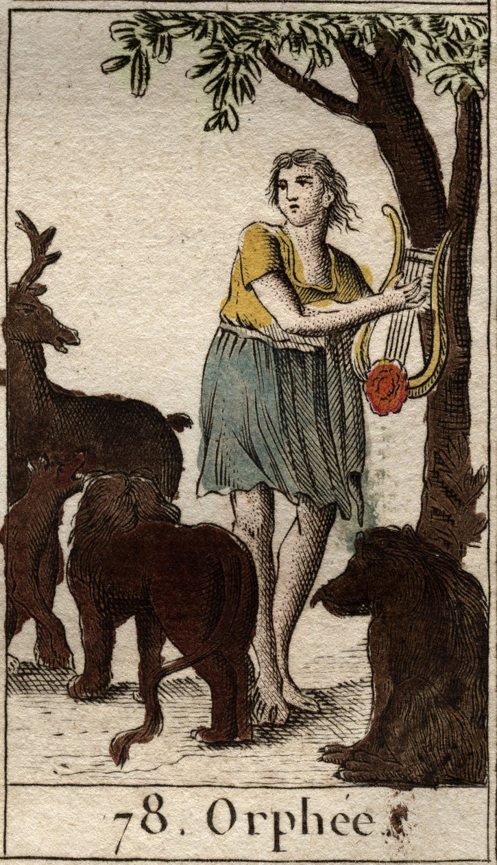 Orfeus okouzluje divoká zvířata hrou na lyru Z „Mythologie de la jeunesse“ od Pierra Blancharda 1803. od French School