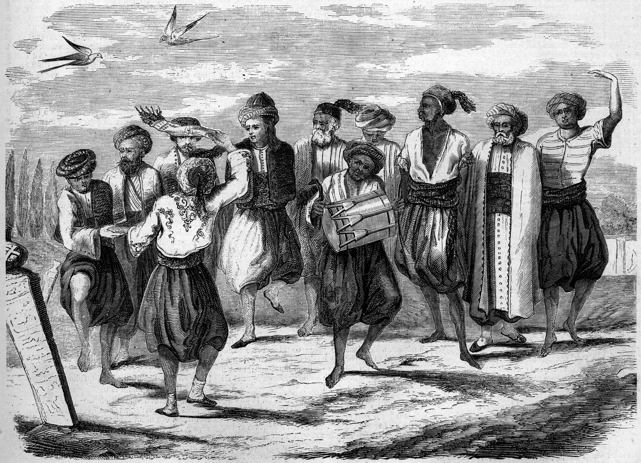 Ortodoxní svátek: Řecké velikonoční tance na Velkém poli mrtvých v Konstantinopoli. Rytina v „“ Le Monde Illustré““ č. 52 z 10. dubna 1858. od French School