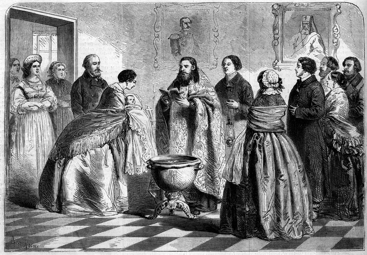 Ortodoxní obřad - křest: křestní obřad podle řeckého obřadu v horní ruské společnosti v roce 1858. Dítě je před ponořením do baptistere přítomno papeži od jeho kmotry. Rytina v „“ Le Monde Illustré““ č. 81 ze dne 30. října od French School