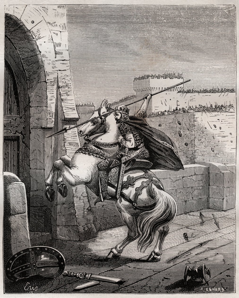 Otto II, císař Svaté říše římské před Paříží - Otton II. Svaté říše, známý jako Roux (955-983) dráždí nemožnost proniknout do Paříže (pařížské ústředí, 978), postupuje pod hradby města, aby zasadil své kopí ve dveřích - rytí v od French School