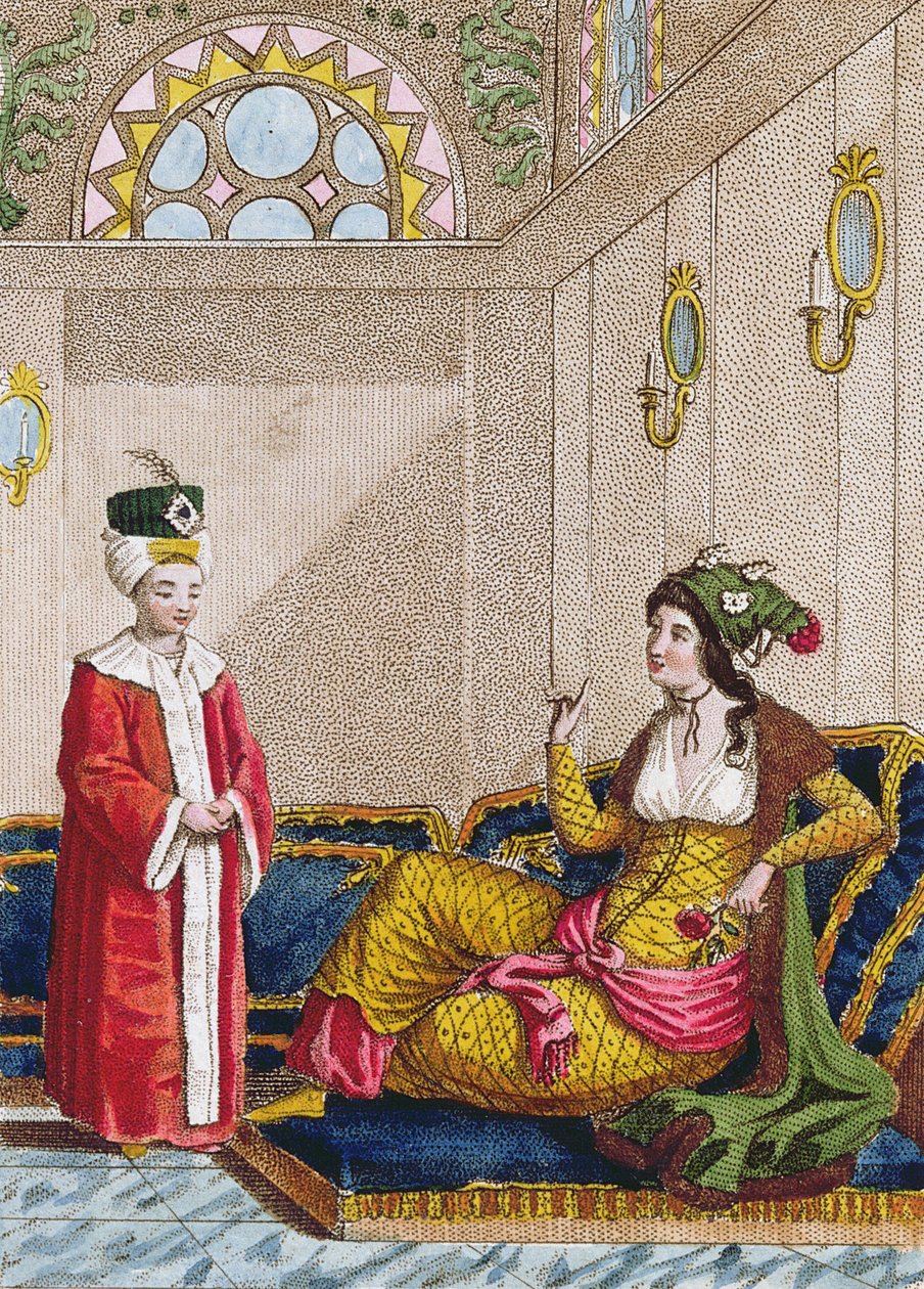 Osmanský korunní princ se svou oblíbenou sultanou, kolem roku 1813 (barevná rytina) od French School