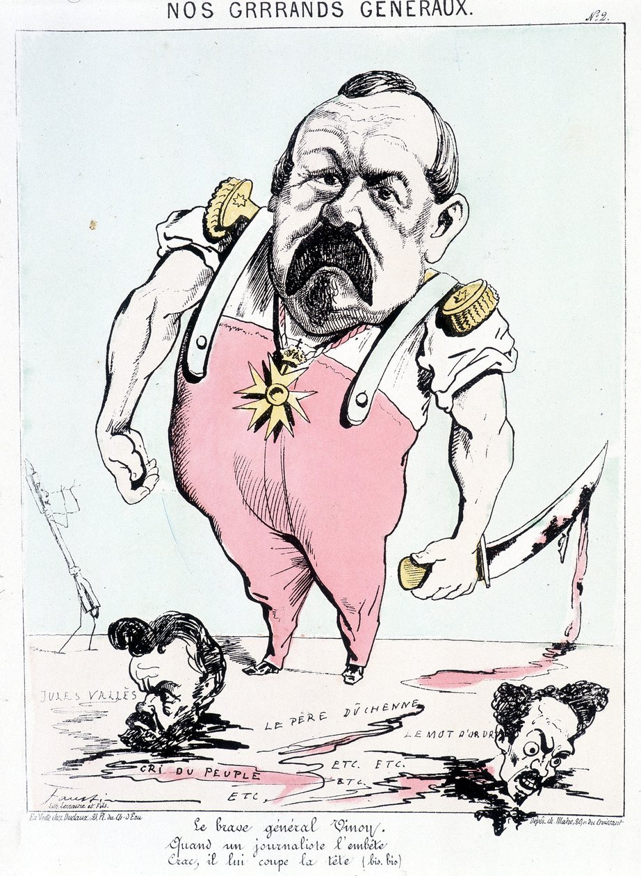 Naši velcí generálové: statečný generál Vinoy, když ho obtěžuje novinář, prásk, usekne mu hlavu. Karikatura o Vinoyovi a komuně. od French School