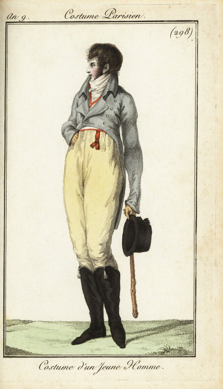 Oblečení mladého muže nebo Incroyable, květen 1801 (ručně kolorovaná mědirytina) od French School