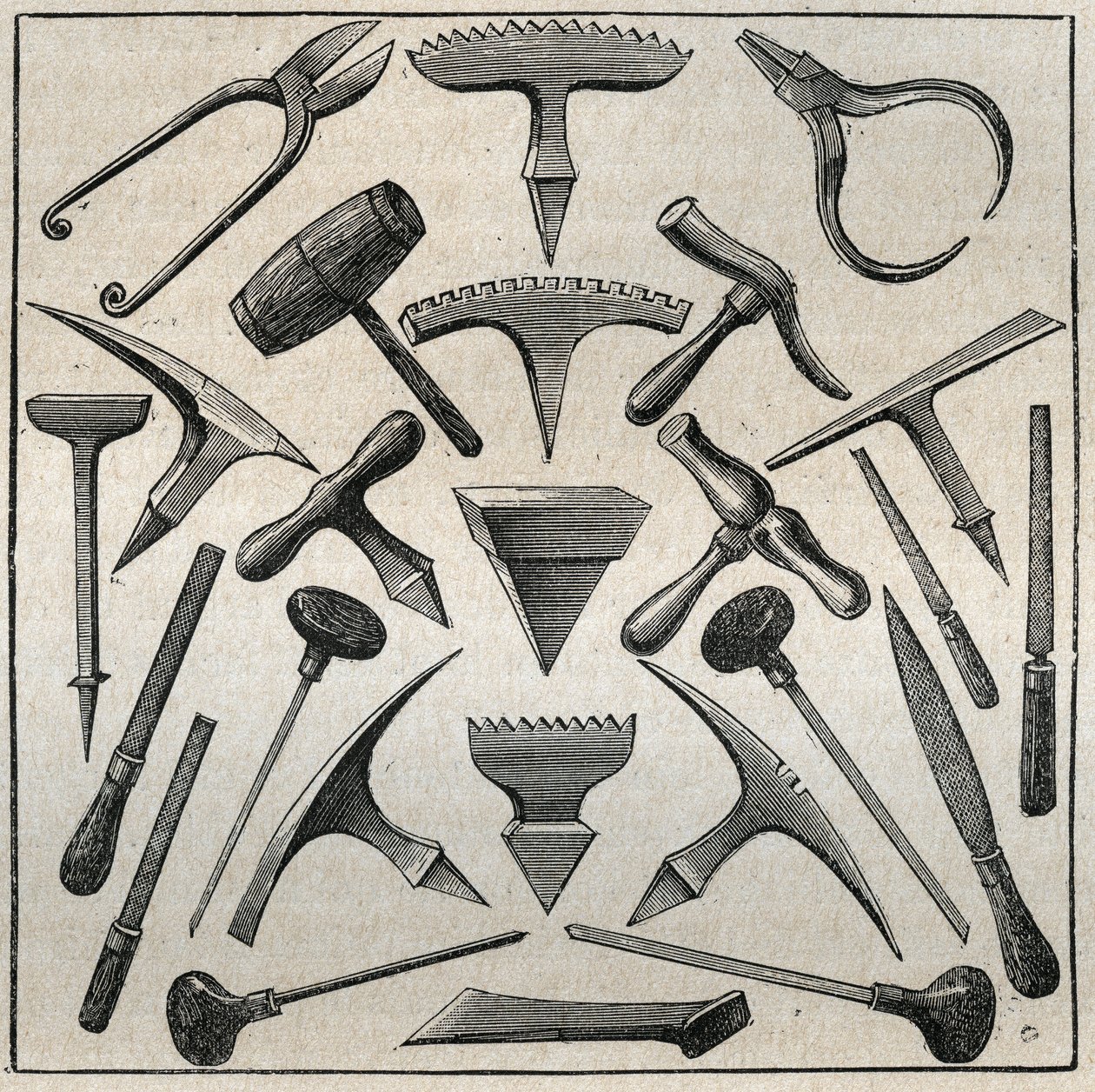 Golfevre nástroje. Rytina z roku 1885 v „Les arts et professions illustrés““ od Adolphe BITARDA. od French School