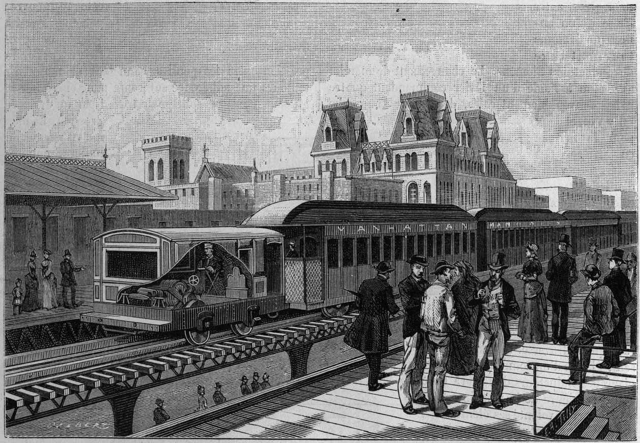 Přehled stanice Elevated Railroad a elektrického vlaku v New Yorku, USA. Gravírování v „“ La Nature. Revue des sciences et de ses applications aux arts et a l