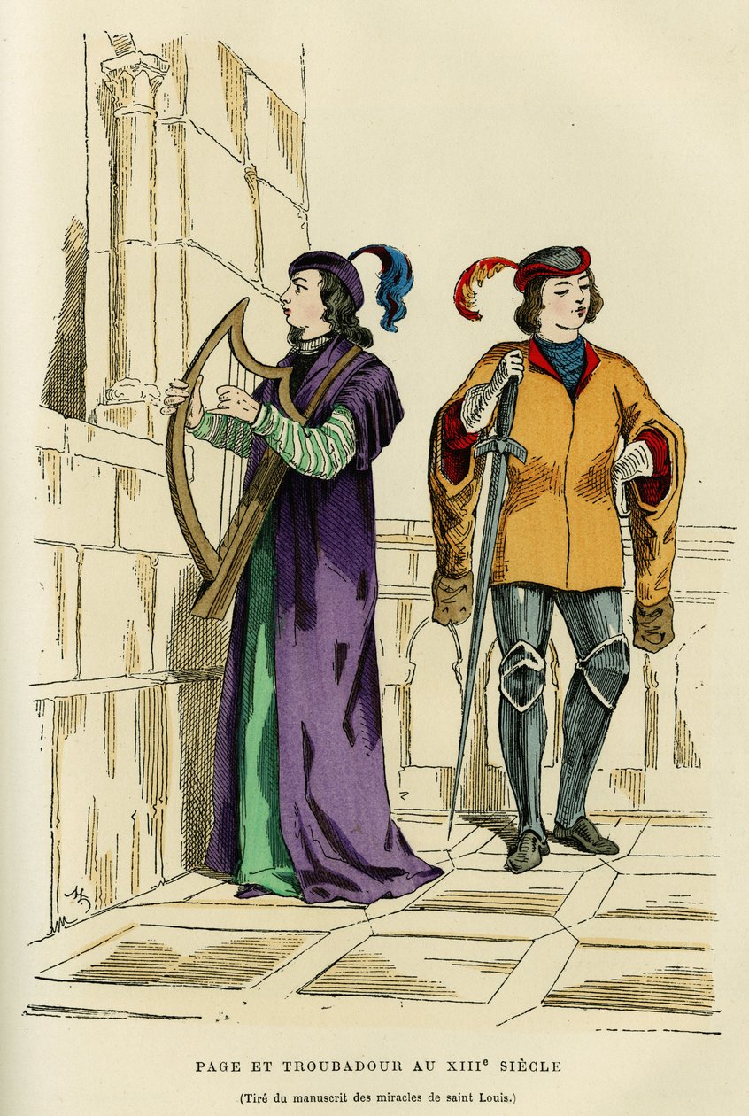 Pážistické kostýmy a trubadúr ve 13. století. Barevná rytina podle kresby rukopisu zázraků svatého Ludvíka (Louis IX 1214-1270), v „France et les francais à travers les století“ od Augustina Challamela, editor F. Roy, Paříž 1882. S od French School