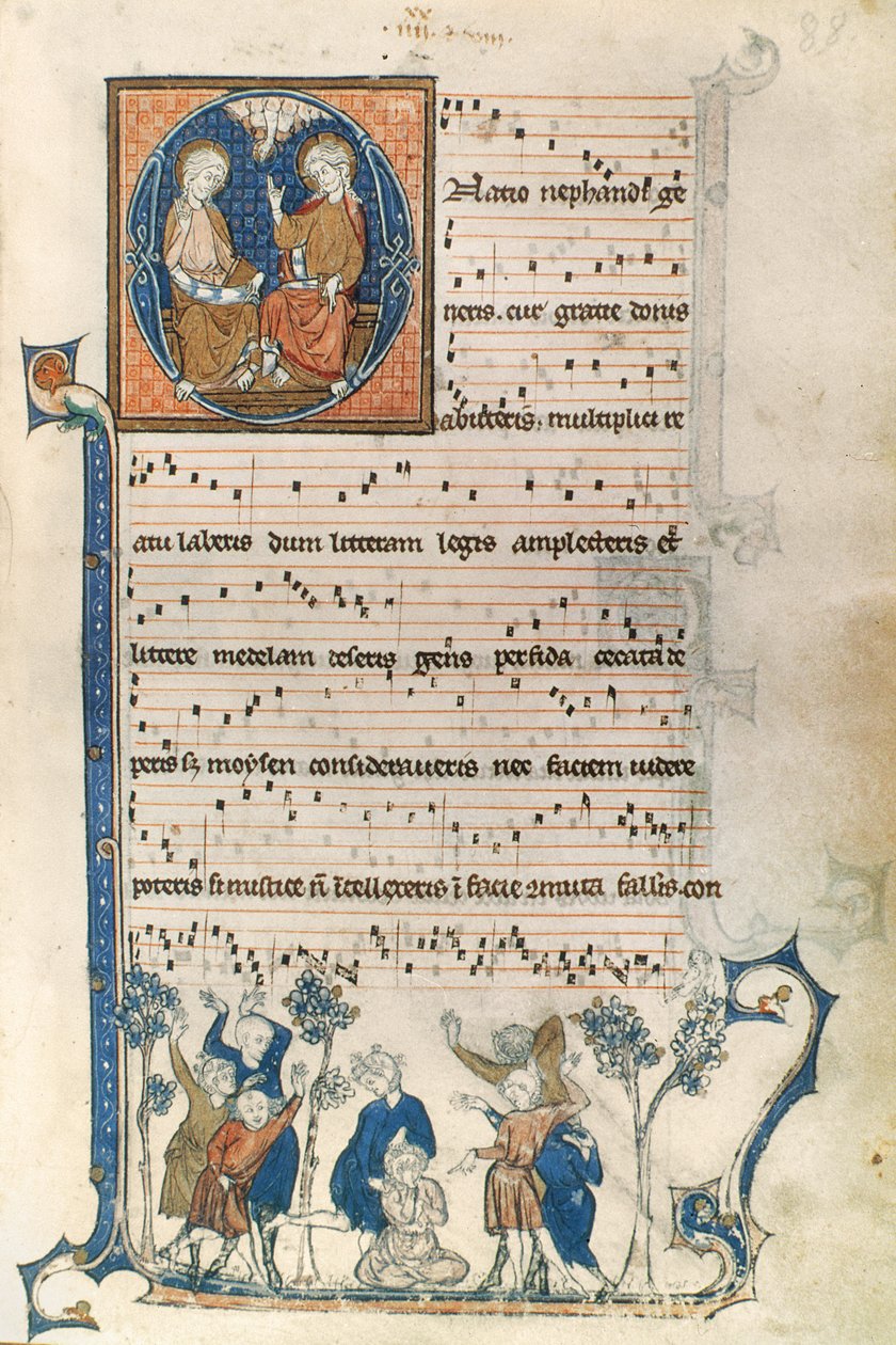 Stránka z rukopisu pro pařížského zpěváka s ilustracemi Nejsvětější Trojice a hry Blind Mans Bluff, c.1280-1315 od French School