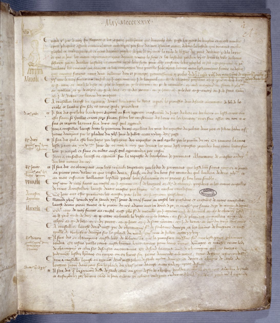 Stránka z rejstříku Rady parlamentu Paříže zobrazující Johanku z Arku (1412-31), 10. května 1429 od French School