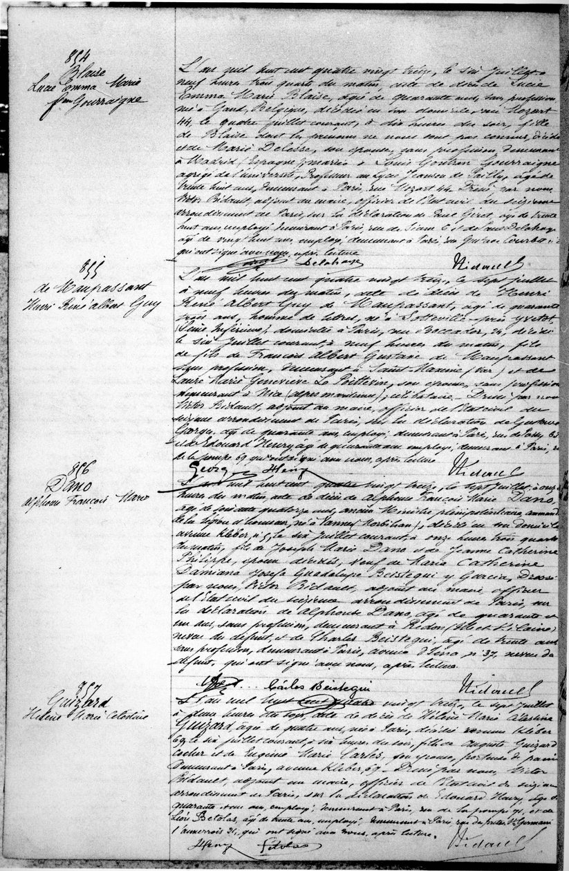 Stránka s úmrtním listem Guy de Maupassanta (1850-93) 7. července 1893 (perem a tuší na papíře) (podrobněji viz 199748) od French School