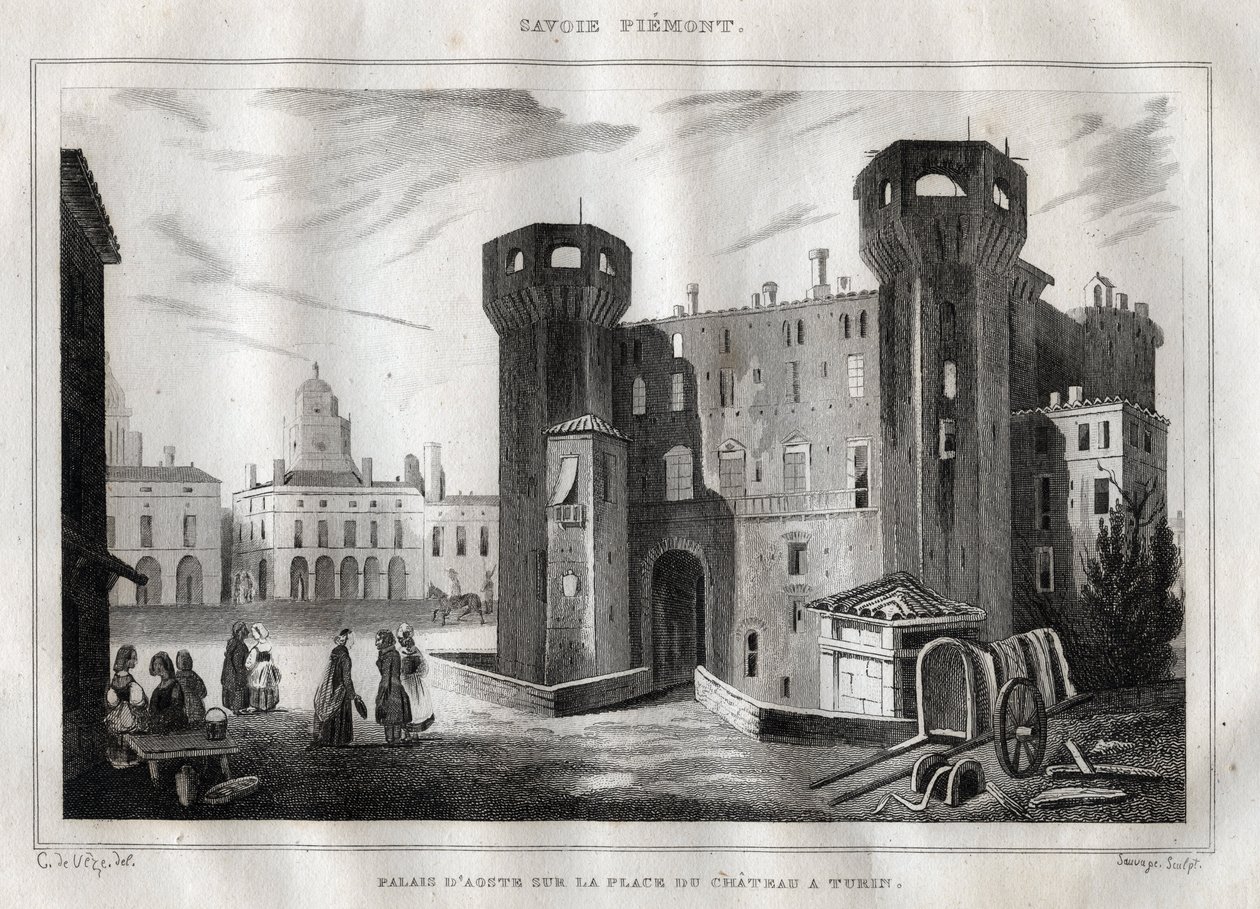 Palác Aosta na náměstí Place du Chateau v Turíně - rytina z „“Itálie malebné”” - Historická a popisná malba Itálie” od M. de Norvinse, Ch. Nodier 1834-1836. od French School