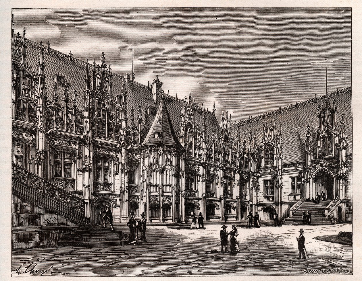 Palais de Justice de Rouen bývalý parlament Normandie - rytina v „France illustree: geografie, historie, statistická správa“ od V.A. Sladově hnědá. 1884 od French School