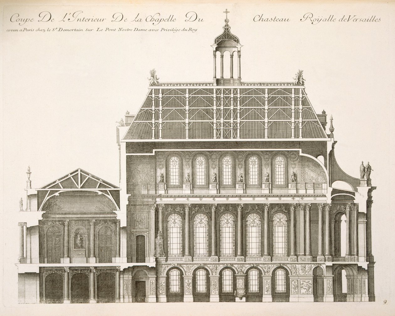 Palais du Louvre: Královská kaple, řez, cca 20. léta 17. století od French School