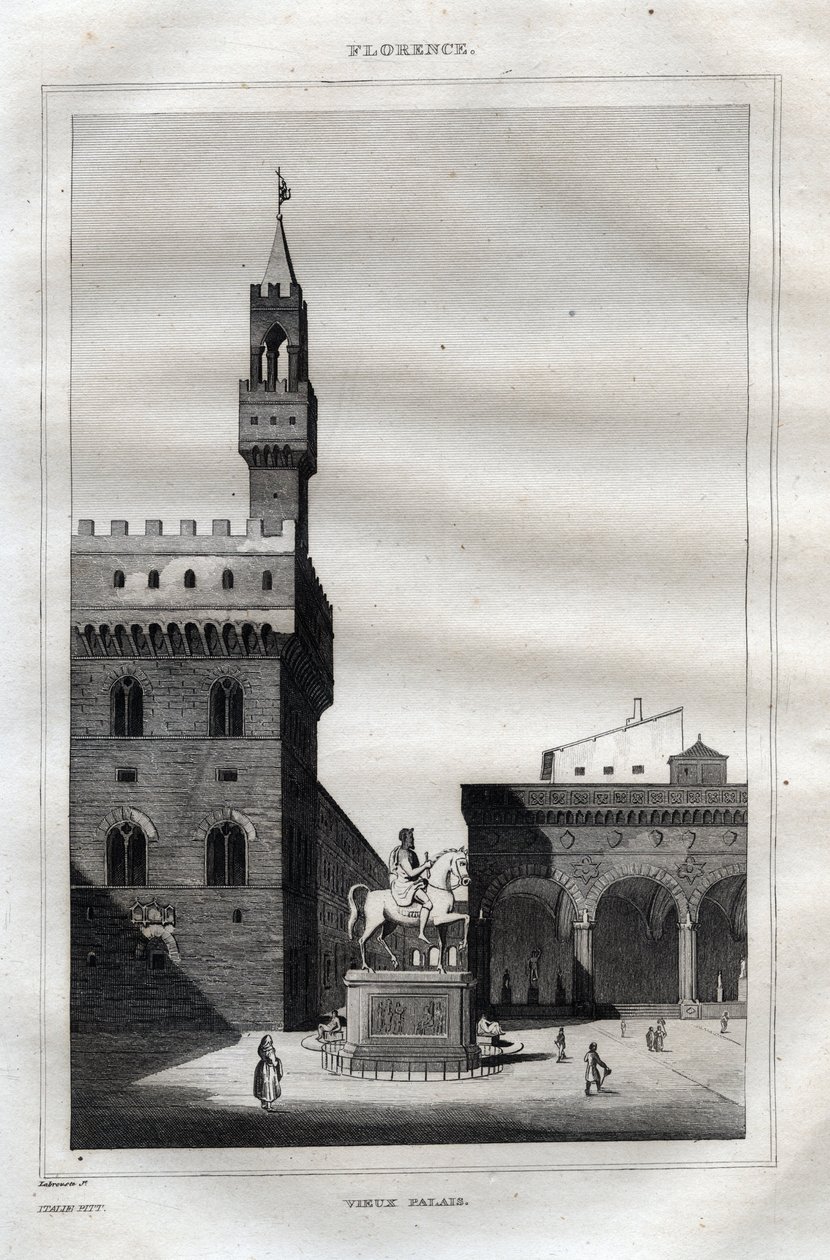 Palazzo vecchio ve Florencii - Piazza della Signoria - Rytina z “” Malebné Itálie” - Historická a popisná malba Itálie” od M. de Norvinse, Ch. Nodier 1834-1836. od French School