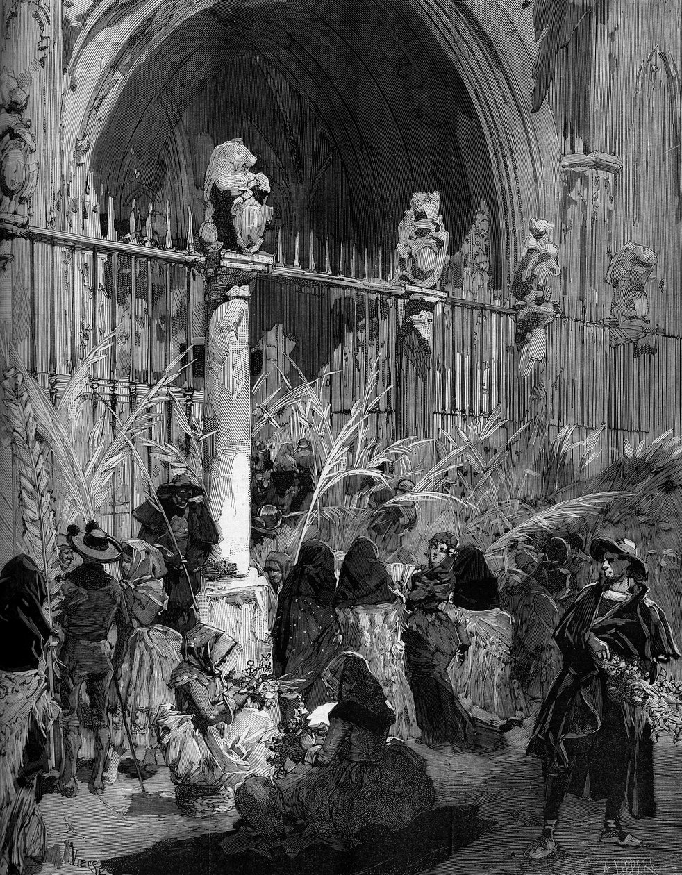 Květná neděle ve Španělsku: prodej benitových palem před katedrálou v Toledu. Rytina Panny v „The Illustrous World““ č. 1200 z 27. března 1880. od French School