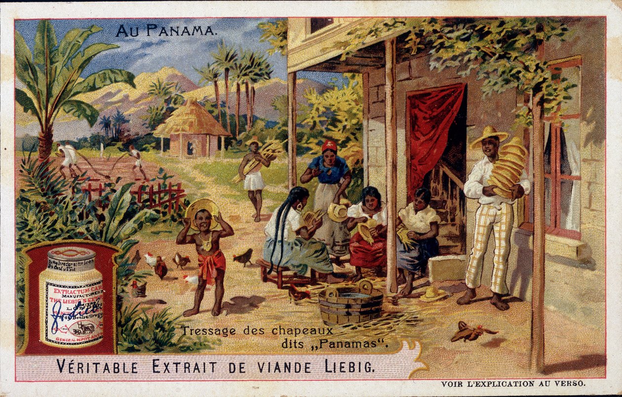 Panama: pletení panamských klobouků - chromo. Liebig od French School