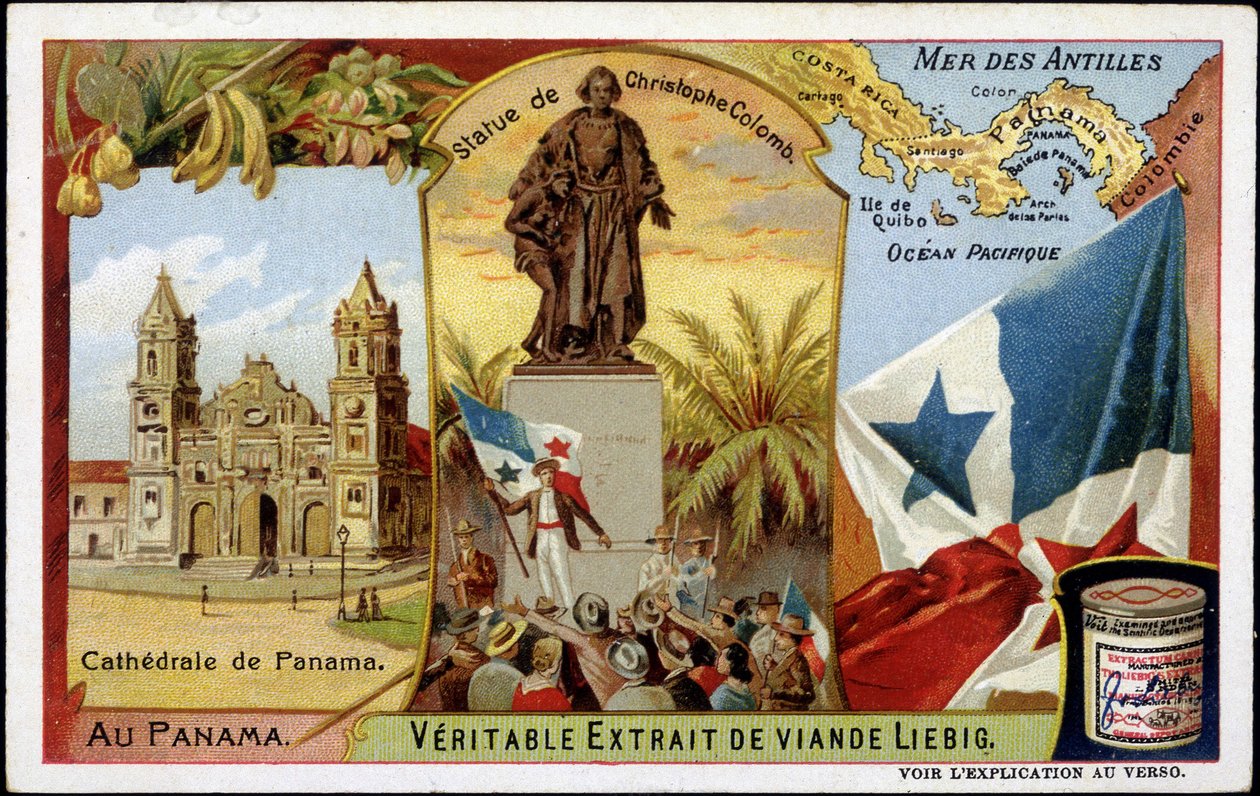 Panama: katedrála, socha Kolumba, vlajka - chromo. od French School
