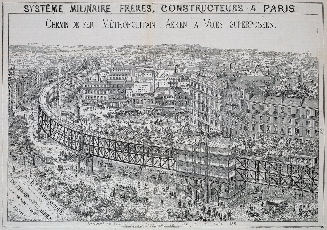 Panoramatický pohled na nadzemní metro v Paříži, ilustrace z Le Metropolitain, květen 1885 od French School