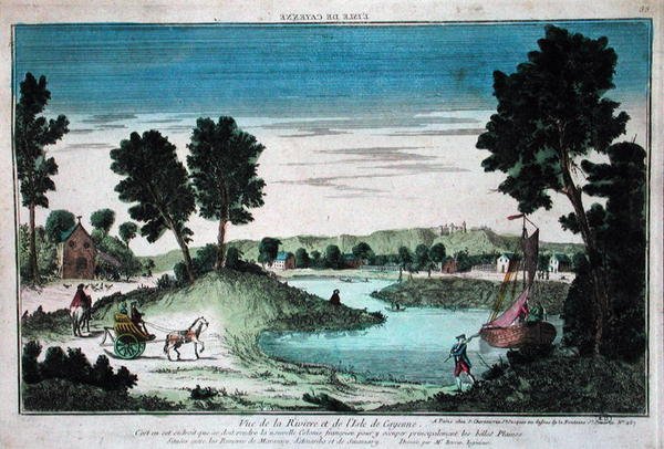 Panoramatický pohled na řeku a ostrov Cayenne, Francouzská Guyana (barevná rytina) od French School