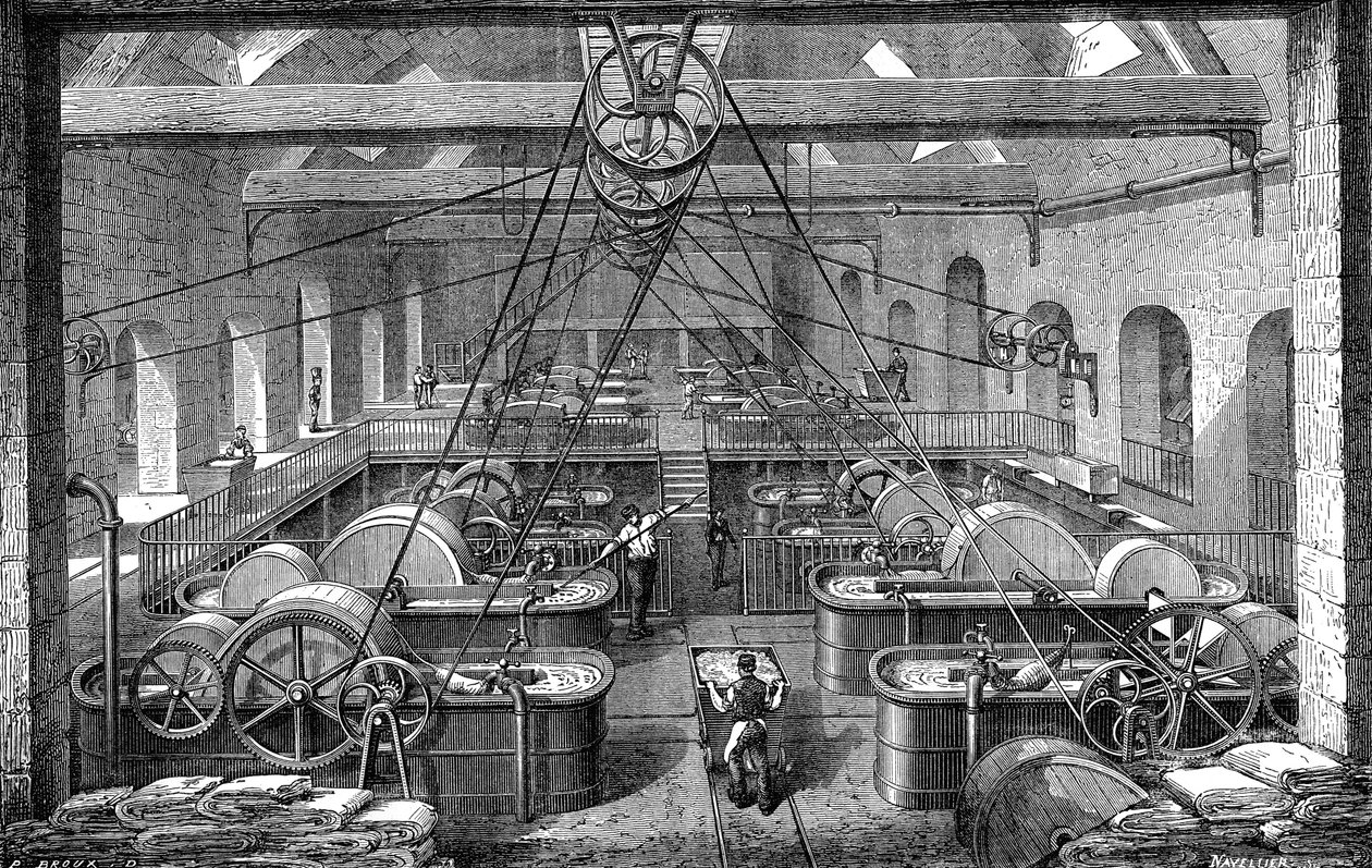 Papírenský průmysl: dílna na rafinaci a bělení papírové buničiny. Rytina 1867 od French School