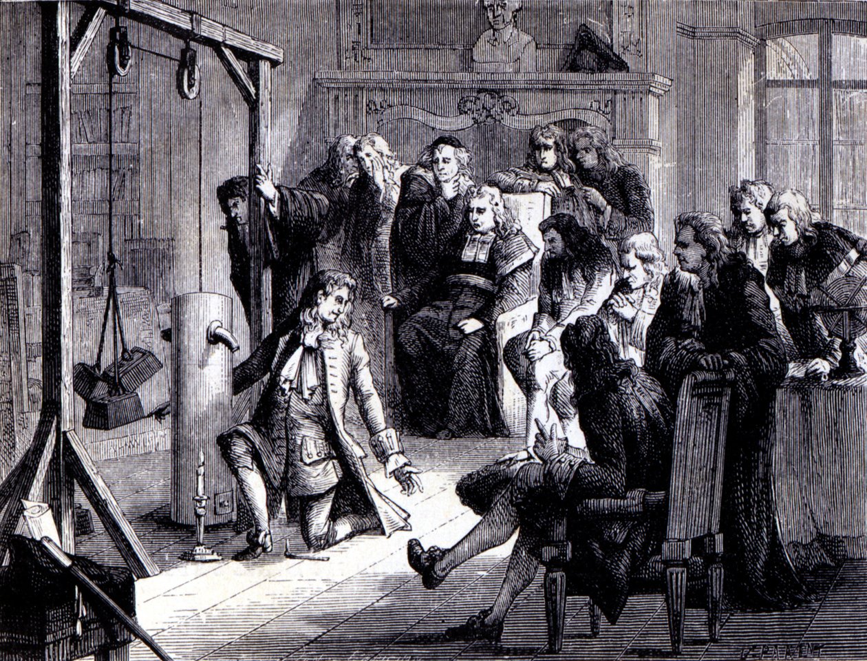 Papin (1647 - 1714) experimentuje se svým práškovým strojem před profesory univerzity v Marburgu - v „Album vědy; věhlasní vědci; Velké objevy “”” 1896. od French School