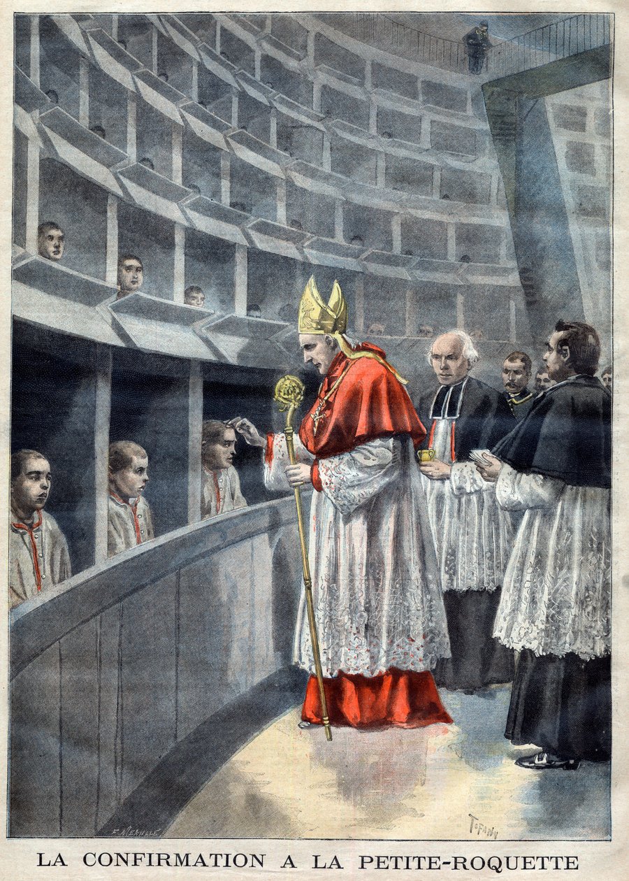 Paříž - Prison de la Petite Roquette (vězení pro ženy a dospívající) - Potvrzení v La Petite-Roquette - Mrg Richard, pařížský arcibiskup ilustrace Meaulle, Fortune Louis (1844-1901) v „Le Petite Journal“, listopad 1896- Náboženství potvrzení od French School