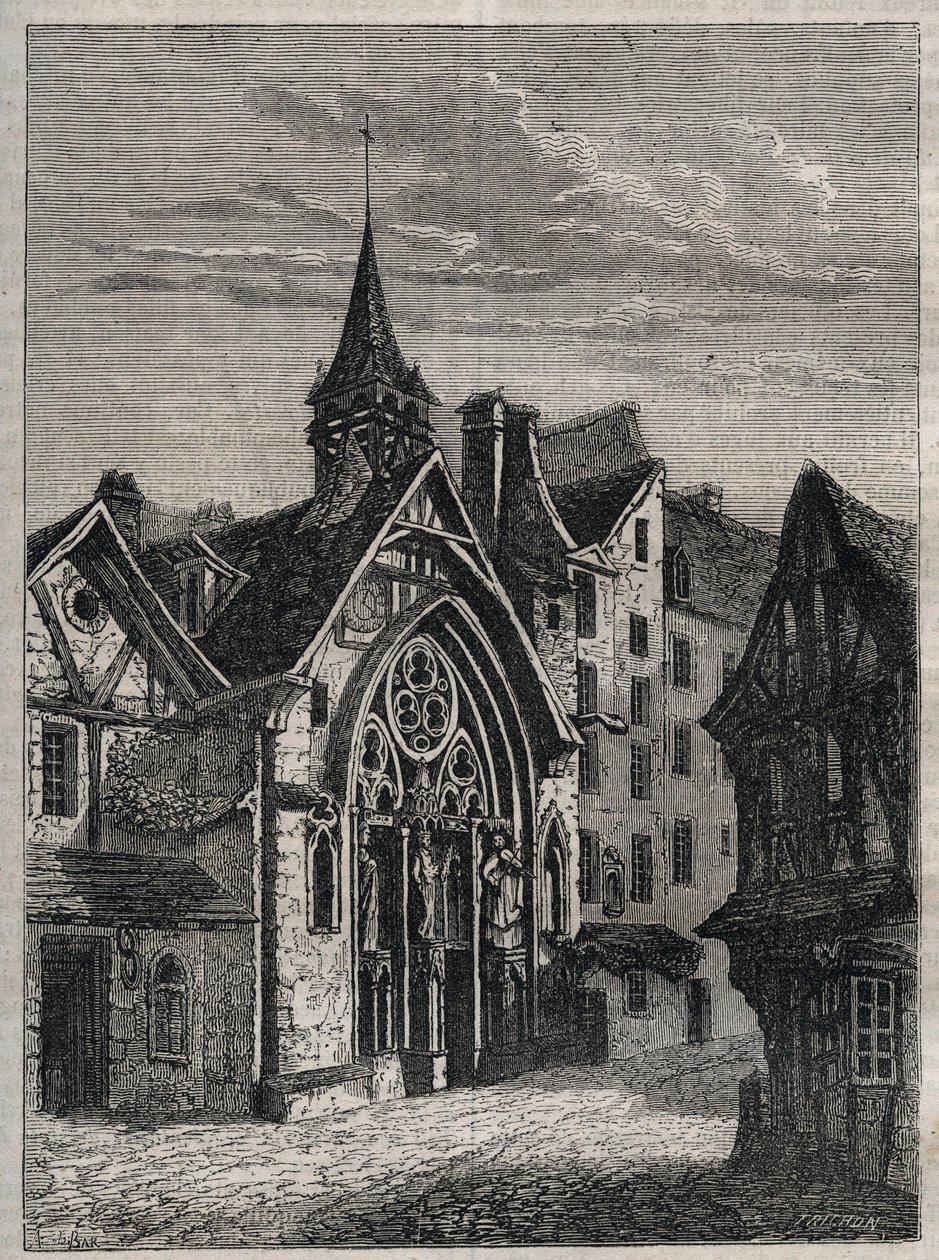 Paříž - Rue Saint-Martin, kostel Saint-Julien-des-Menetriers (Saint Julien des Menetriers) Rytina do „“ Fyzických, občanských a morálních dějin Paříže: od prvních historických dob po současnost“ od Jacquese Antoine Dulaure od French School