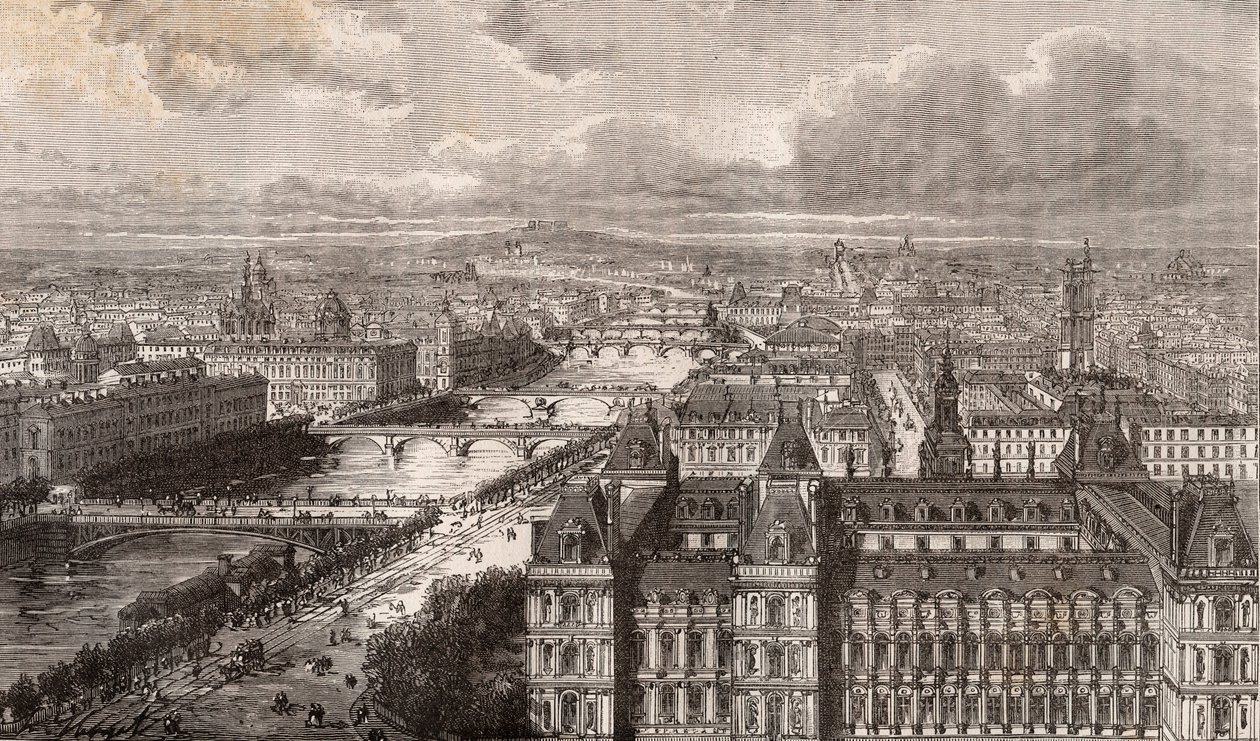 Paříž – Seina – Mosty – pohled z věže Saint-Gervais – rytina „La France illustrée: geografie, historie, statistická správa“ od V.-A. Sladově hnědá. 1884 od French School