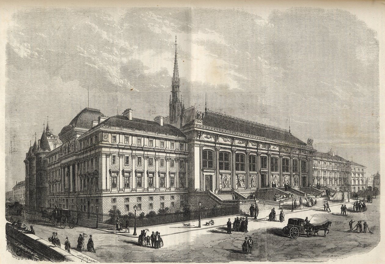 Paříž - nová fasáda soudní budovy, postavená Josephem-Louisem Ducem (1802-1879) - (Západní fasáda, na Rue de Harlay) rytina z roku 1869 od French School