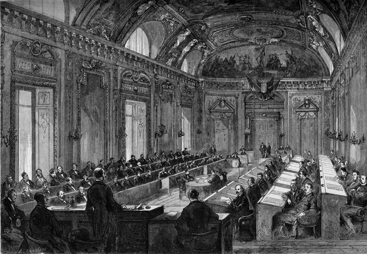 Paříž, 4. srpna 1871: první zasedání městské rady v Trůnním sále Palais du Luxembourg. Rytina v „“ Le Monde Illustré““ č. 748 z 12. srpna 1871. od French School