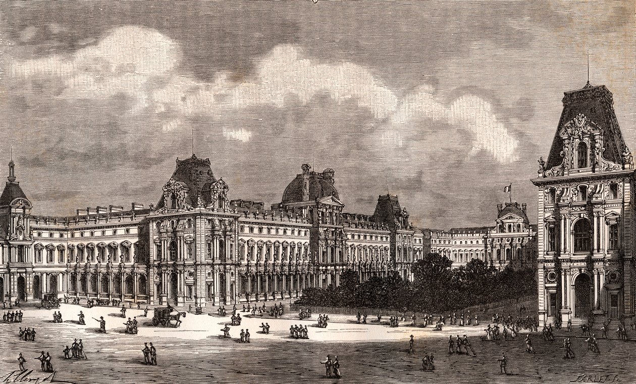 Paris Le Louvre - rytina v „La France illustree: geografie, historie, statistika správy“ od V.A. Sladově hnědá. 1884 od French School