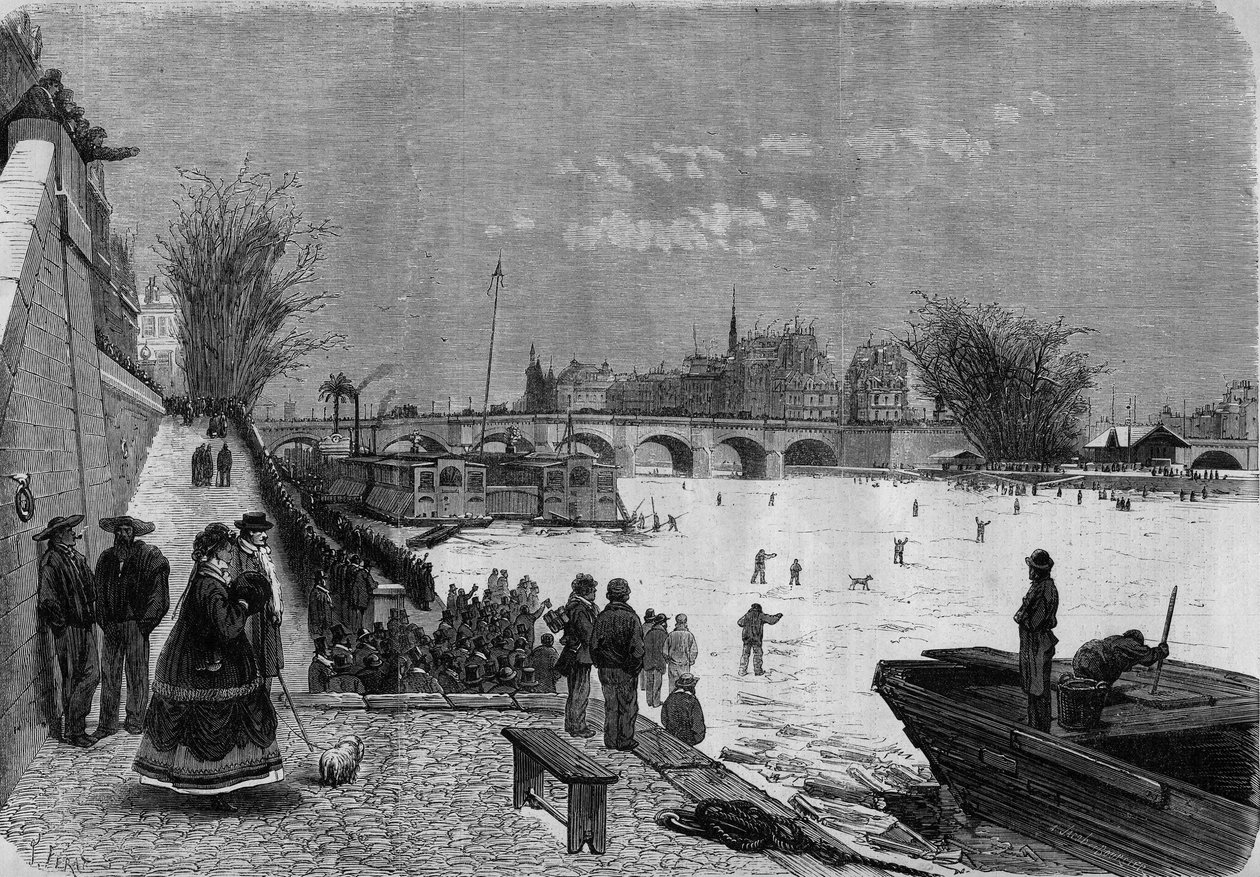 Paříž, zima 1868: zamrzlá Seina. Pohled na řeku z výšky Pont Neuf. Rytina v ""Le Monde Illustre"" č. 561 z 11. ledna 1868. od French School