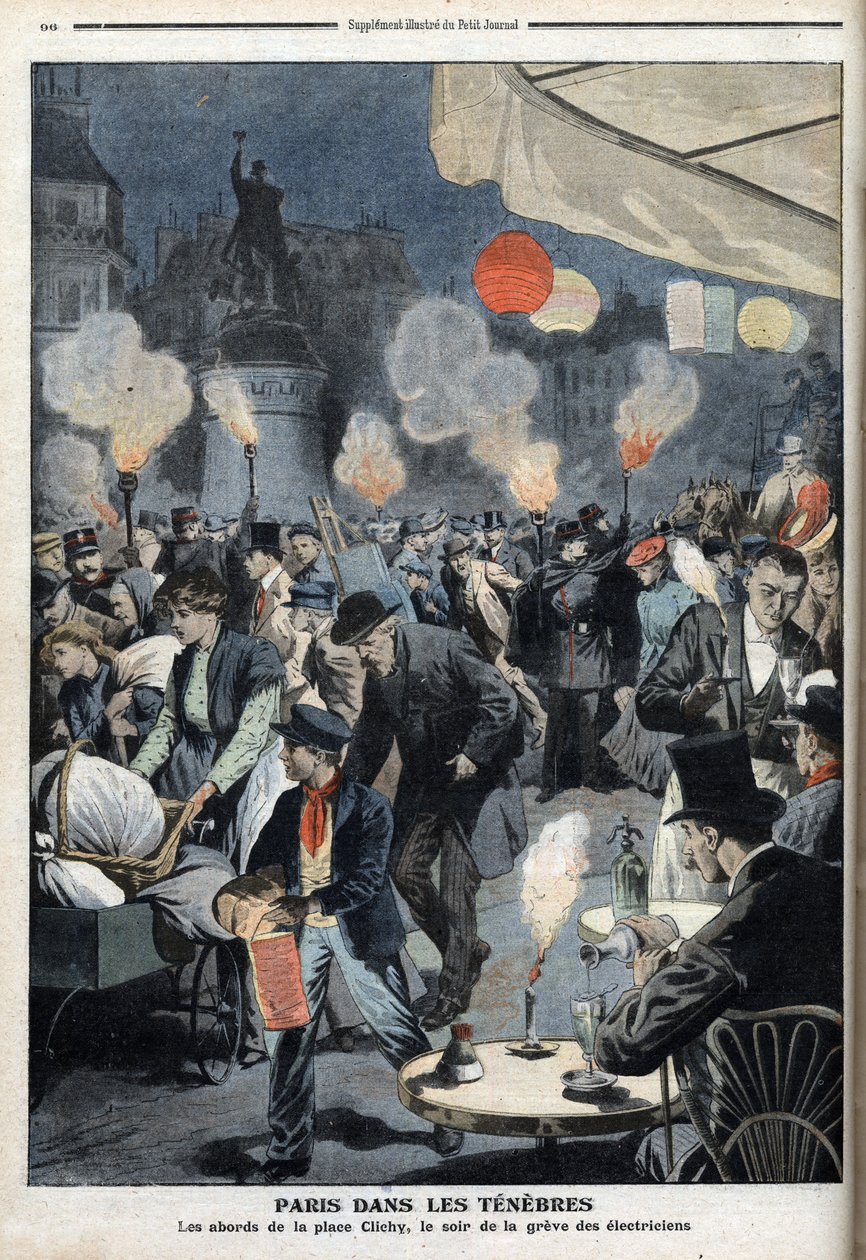 Paříž ve tmě - Okolí Clichy place, večer stávky elektrikářů - "Le petit Journal", březen 1907 (rytina) od French School