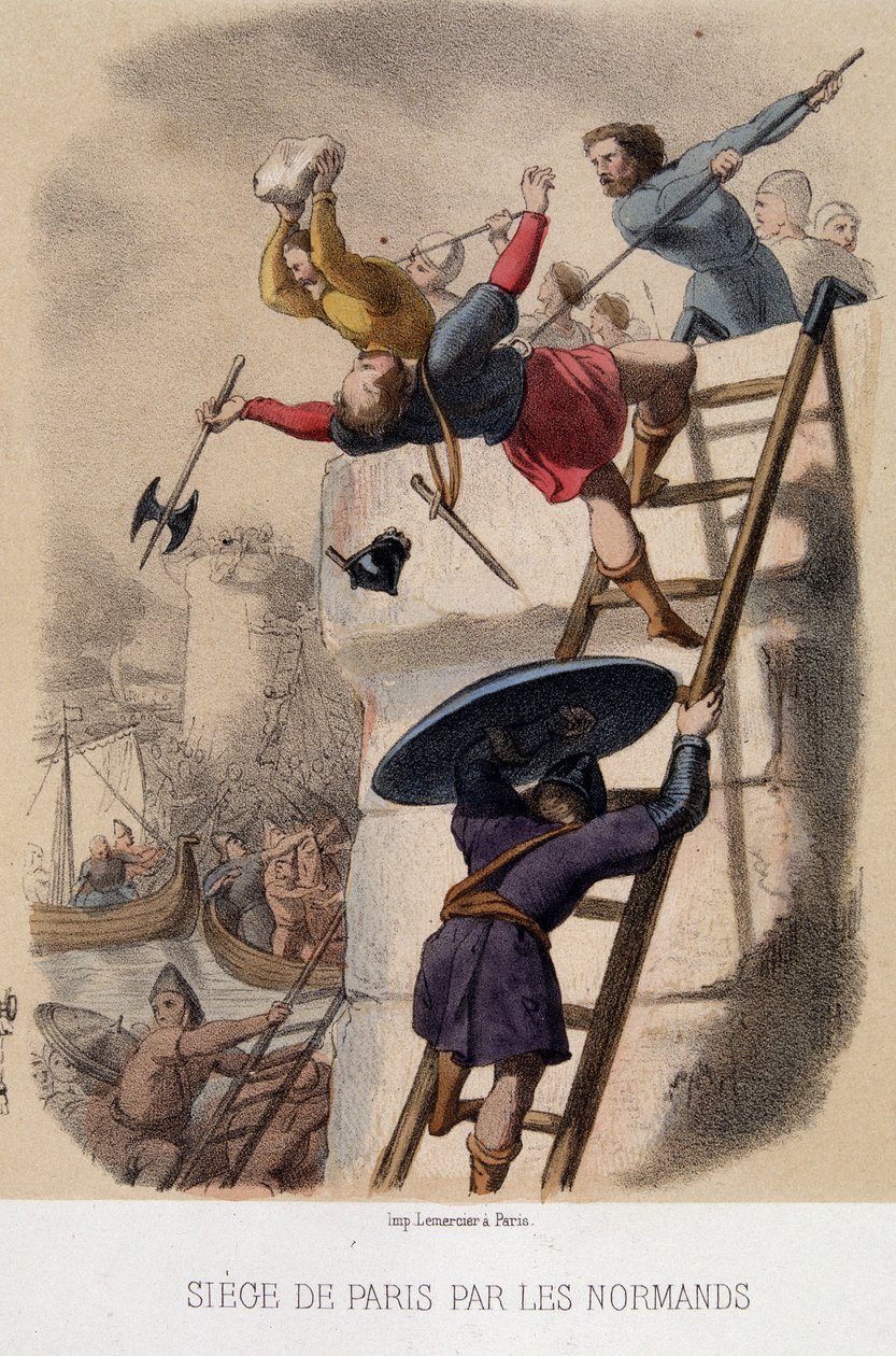 Paříž obléhání Normany (885) - litografie, konec 19. stol od French School