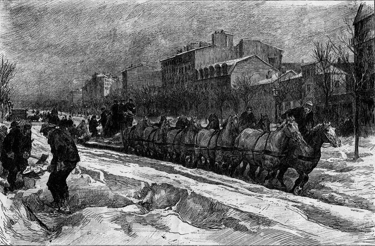 Paříž pod sněhem, zima 1879-1880: ledový pluh (hon na sníh) na Boulevard Montparnasse. Rytina v „“ Le Monde Illustré““ č. 1188 z 3. ledna od French School