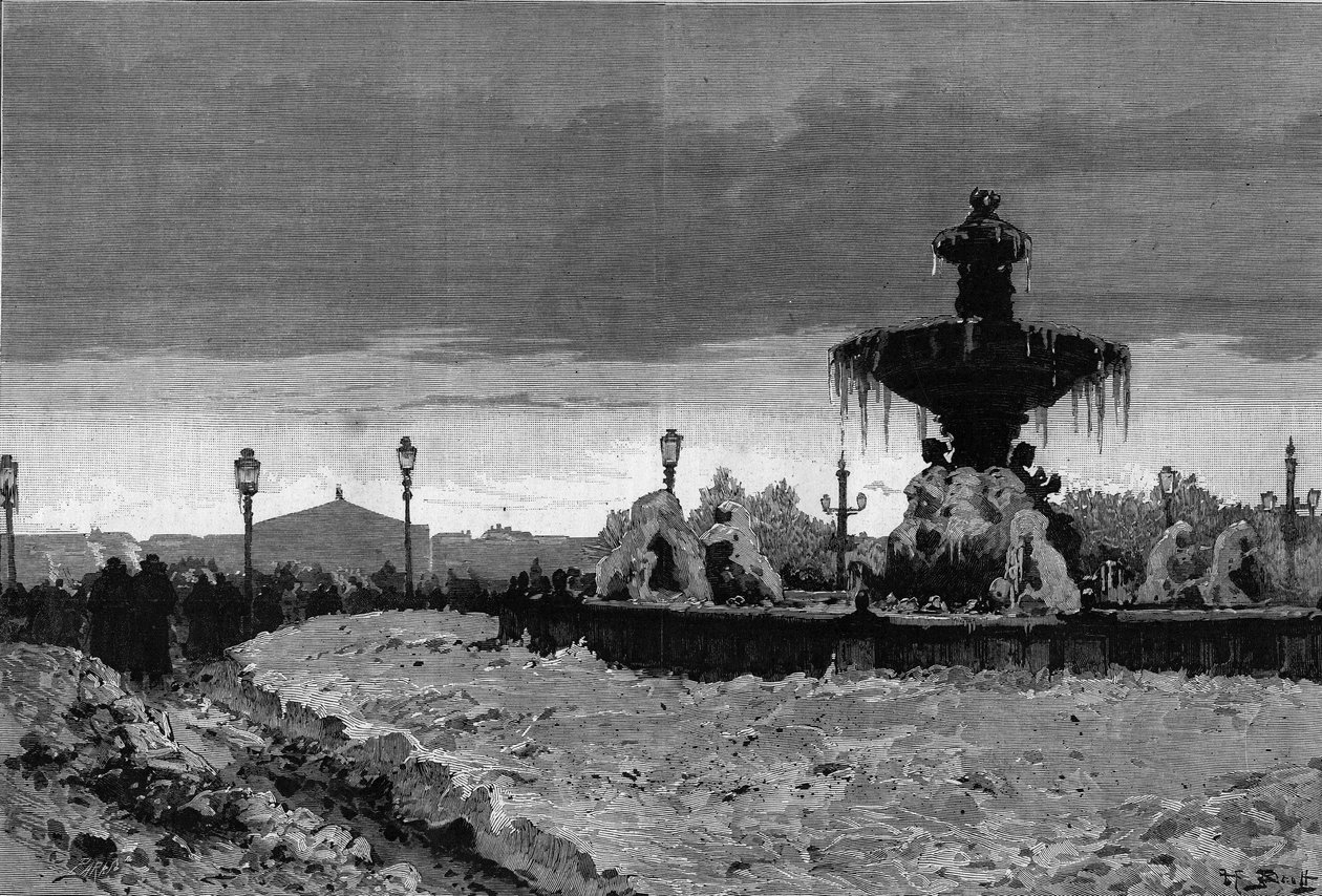 Paříž pod sněhem, zima 1879-1880: pohled na jednu z fontán Place de la Concorde během mrazu. Rytina od Scotta v „“The Illustrous World”” č. 1188 z 3. ledna od French School