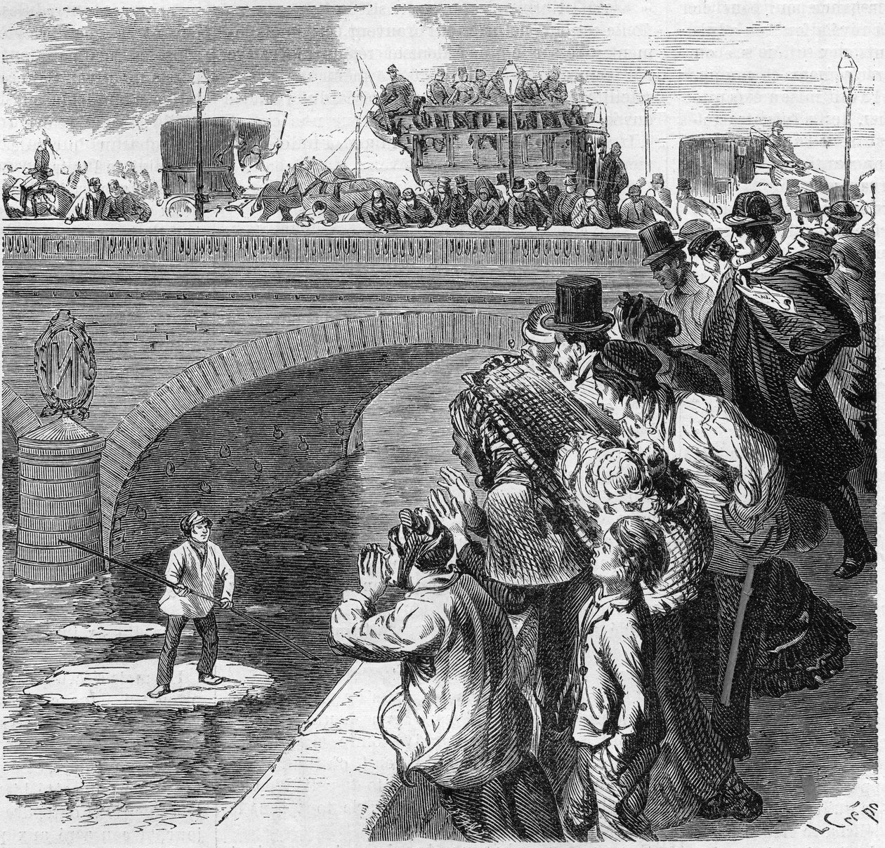 Paříž, zima 1870: dítě leze na glacon směrem k Seině, od mostu Bercy k viaduktu Passy. Rytina v „“ Le Monde Illustré““ č. 672 z 26. února 1870. od French School