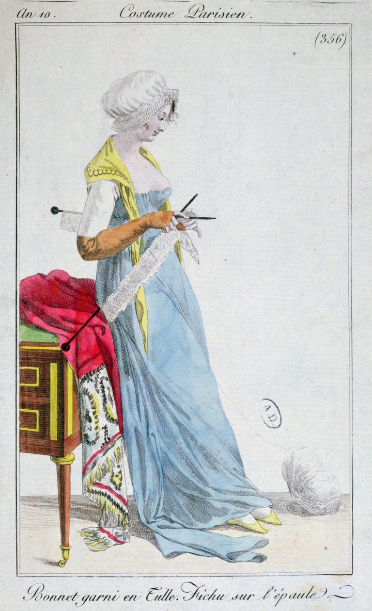 Pařížský kostým: čepec zdobený tylem, fichu na ramenou, 1802 od French School