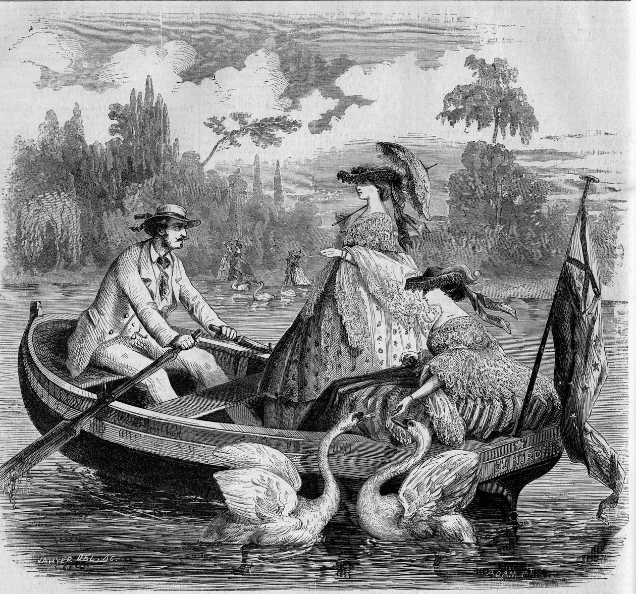 Pařížské režimy, léto 1857: projížďka lodí po jezeře. Rytina v „“ Le Monde Illustré““ č. 24 z 26. září 1857. od French School