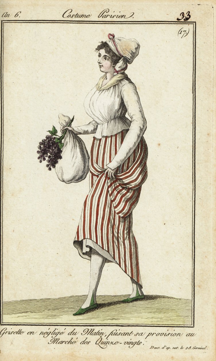 Pařížská obchodní dívka v neformálních ranních šatech, 26. března 1798 (ručně kolorovaná mědirytina) od French School