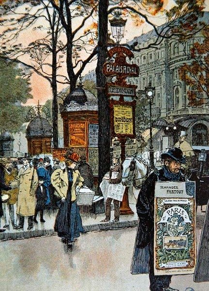 Pařížská pouliční scéna poblíž stanice metra Palais-Royal, kolem roku 1900 (barevné lito) od French School