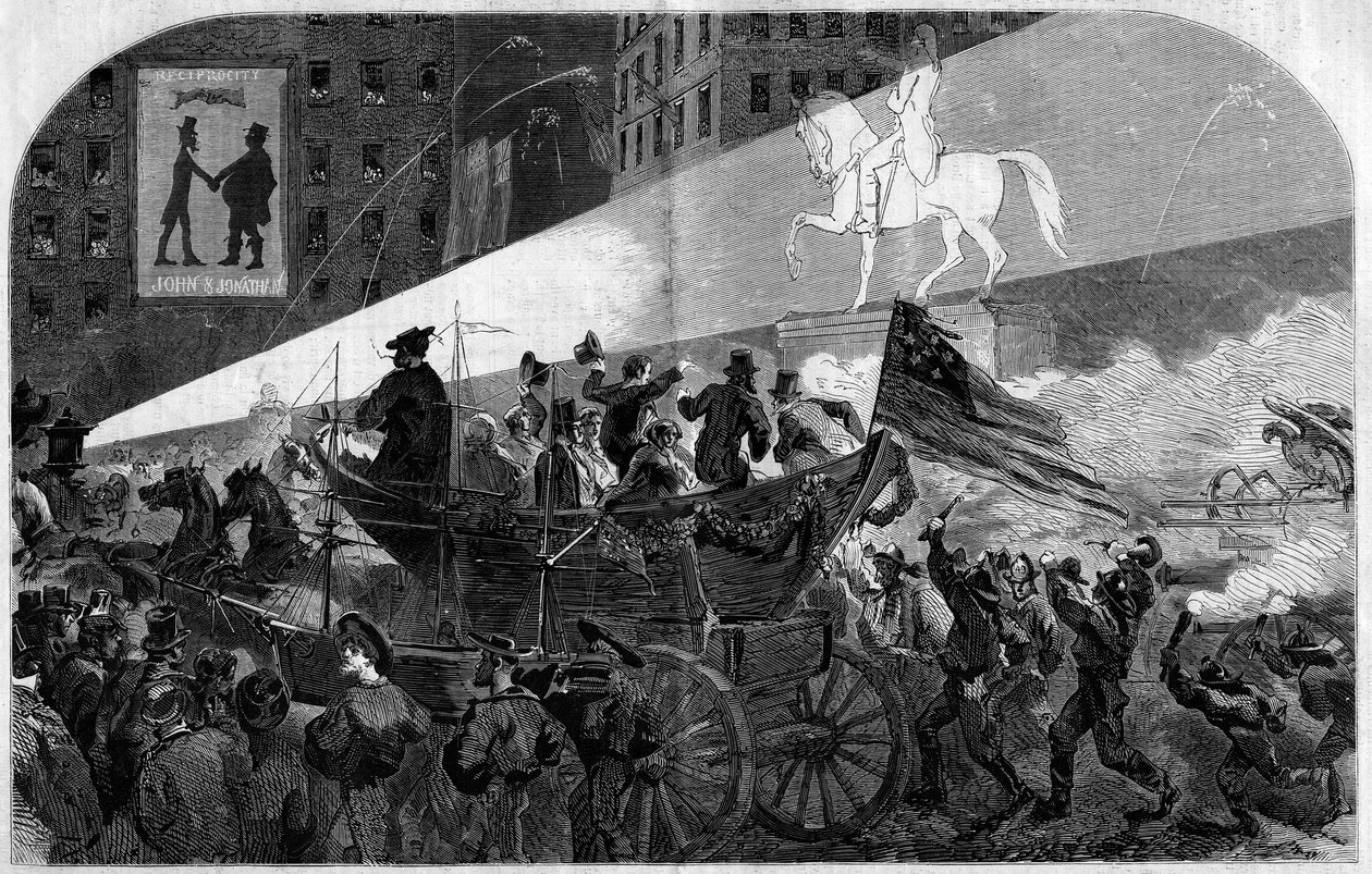 Party v ulicích New Yorku (New York) na oslavu instalace transatlantického telegrafického kabelu mezi Spojenými státy (Spojené státy americké) a Anglií v roce 1858. Rytina v „“ Le Monde Illustré““ č. 79 ze 16. října 1858. od French School