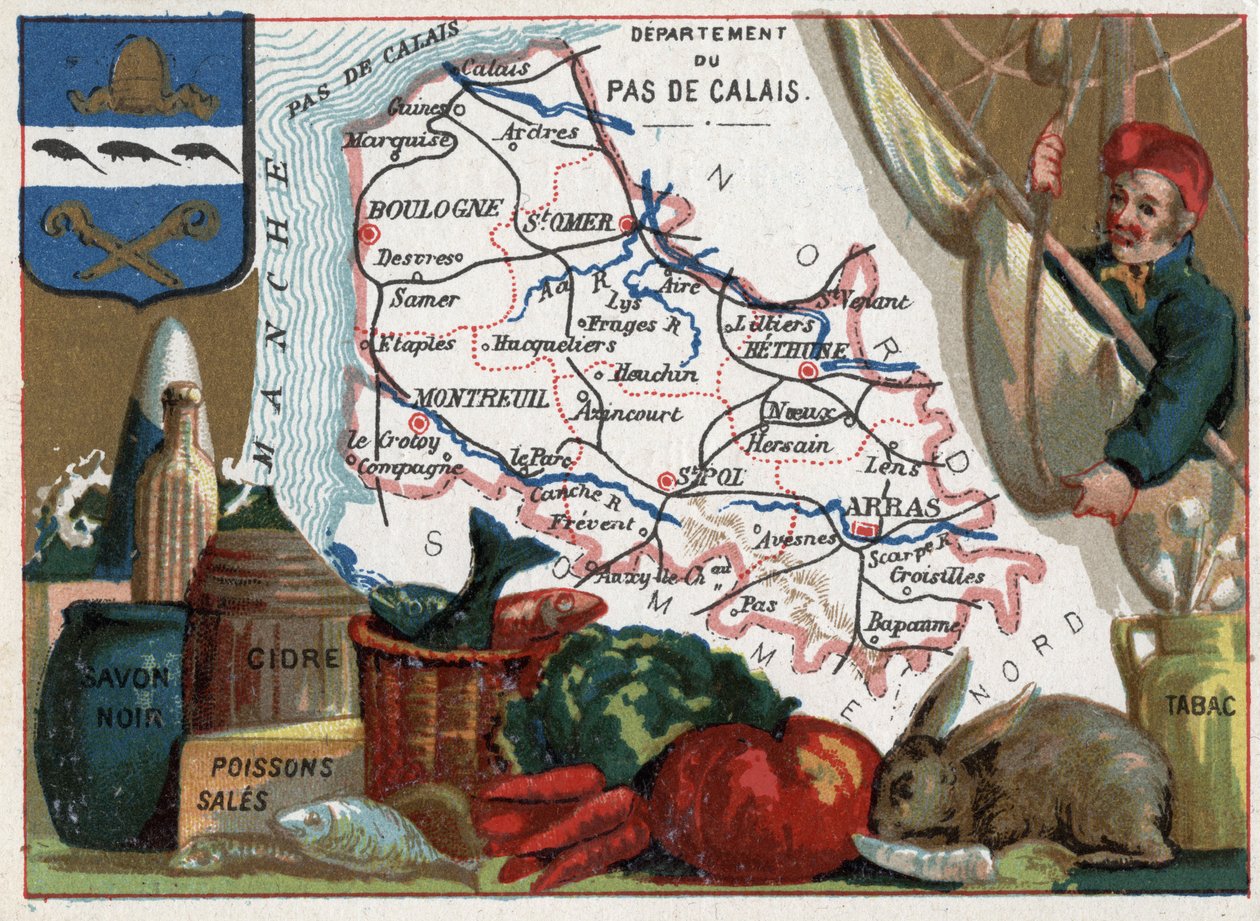 Pas de Calais (62), Nord Pas de Calais (Nord-Pas-De-Calais), Francie. Místní speciality: černé mýdlo, špinavé ryby, jablečný mošt a tabák. Seriál o francouzských departementech. Chromolitografie (Chromo) „“geografické vlákno“, kolem roku 1920. Soukromá sbí od French School