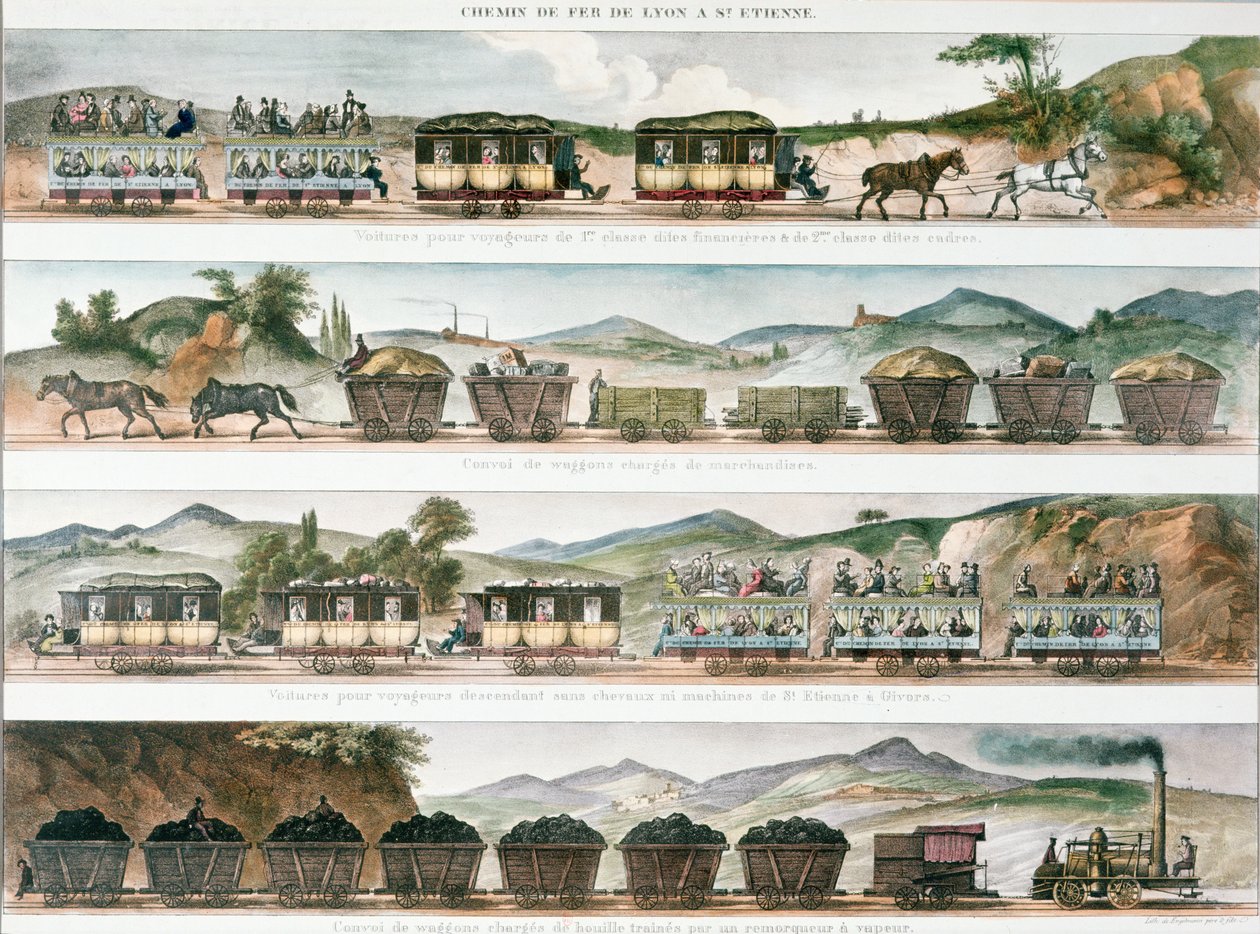 Osobní a nákladní doprava na první francouzské lince otevřená mezi Lyonem a St. Etienne, 1829 (barevně lito) od French School