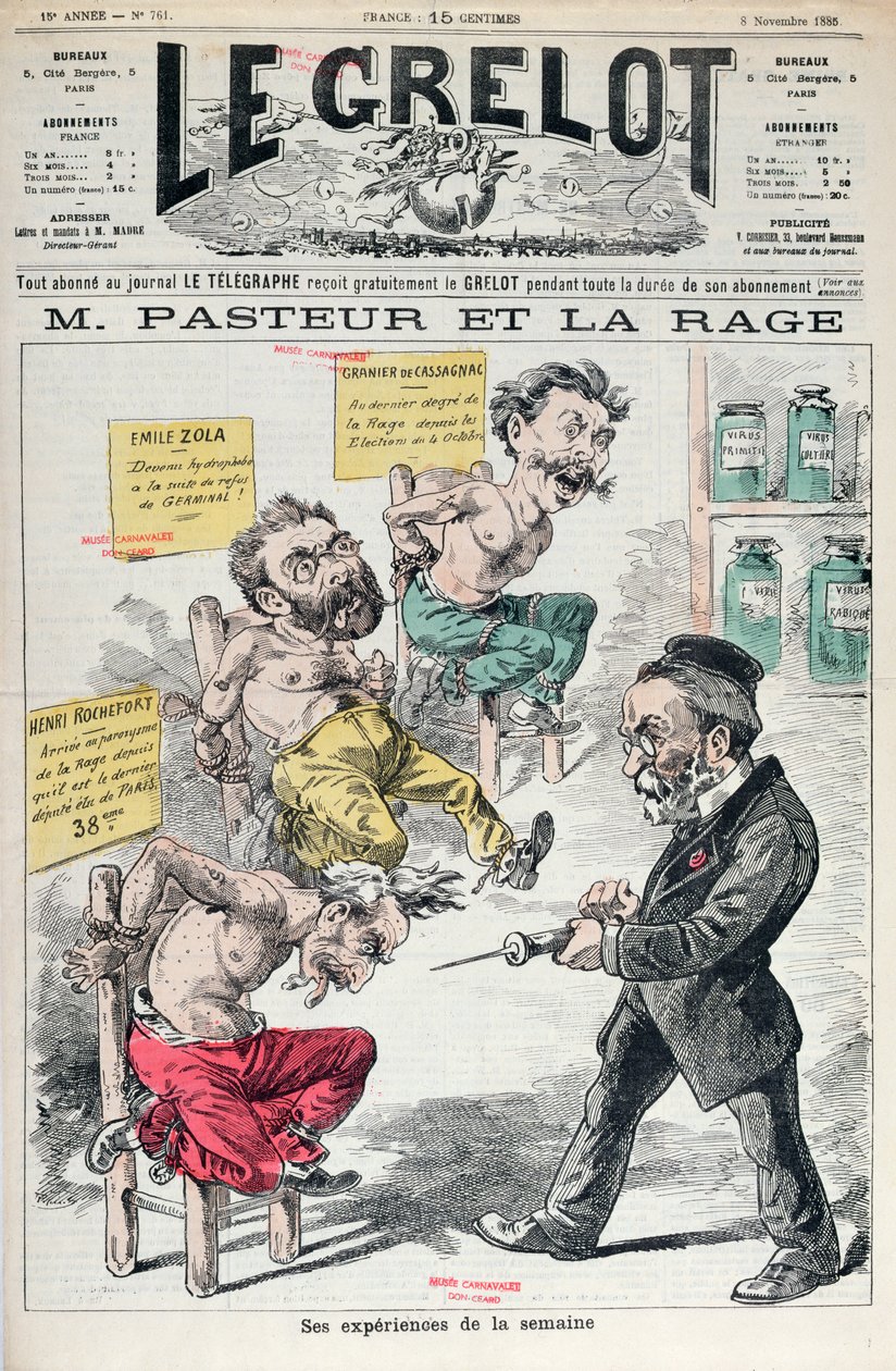 Pasteur a vzteklina, karikatura pokusů Louise Pasteura (1822-95) z Le Grelot, 8. listopadu 1885 od French School