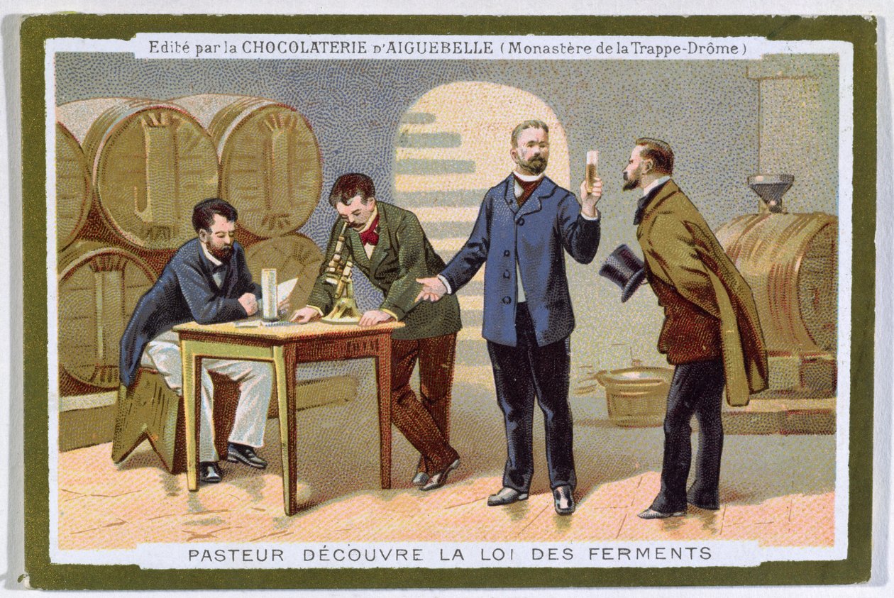 Pasteur objevil fermentaci, reklamní kartu pro Chocolaterie d