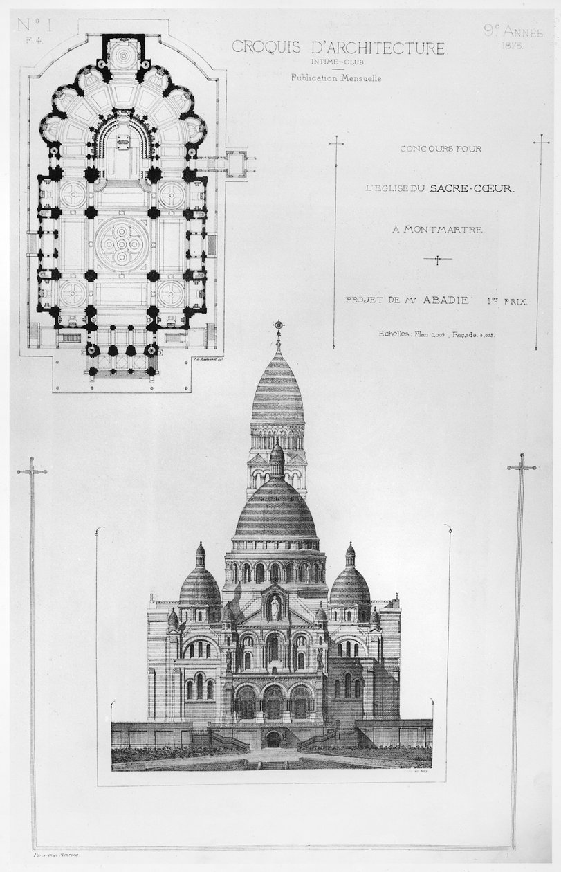 Paul Abadies vítězný návrh v soutěži o návrh Sacré-Coeur na Montmartru z Croquis dArchitecture, 1875 od French School