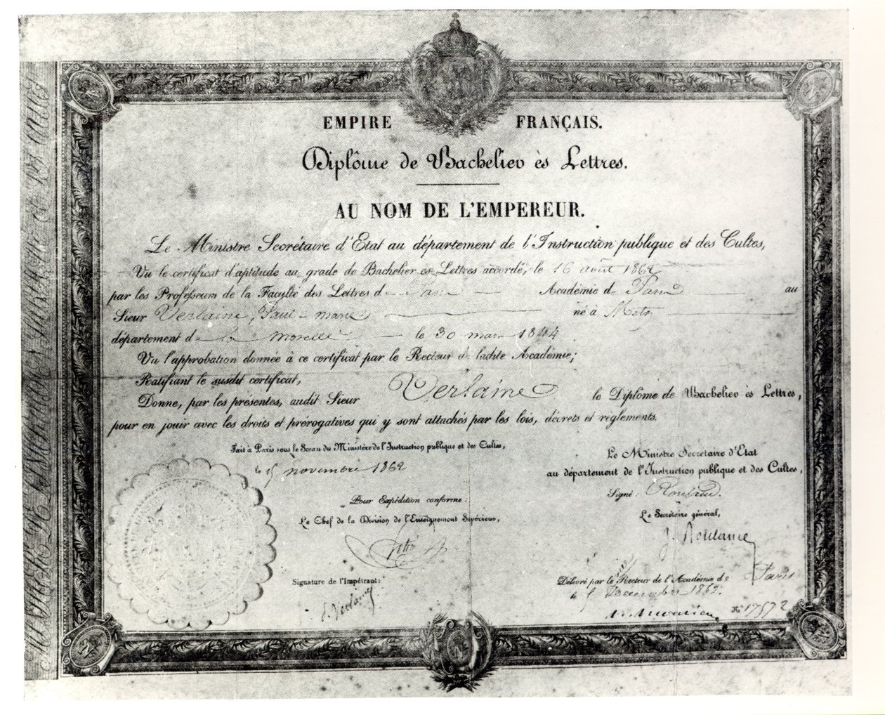 Paul Verlaines Baccalaureat, 1862 (pero a inkoust na papíře) od French School